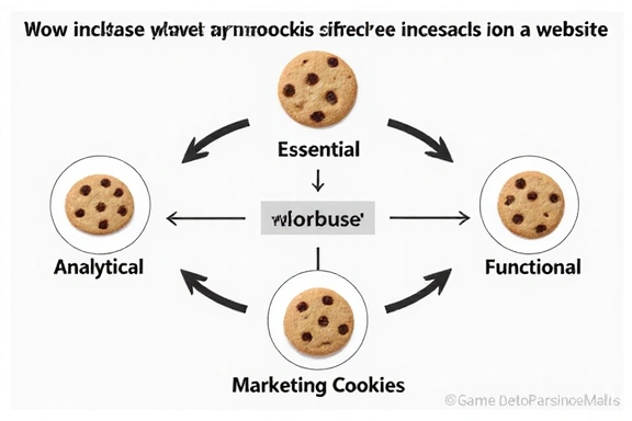 Diagrama de flujo que muestra cómo las cookies rastrean la interacción del usuario en un sitio web, con iconos de diferentes tipos de cookies.
