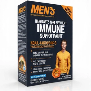 Envase de un suplemento para el apoyo inmunológico masculino, con elementos que sugieren protección.