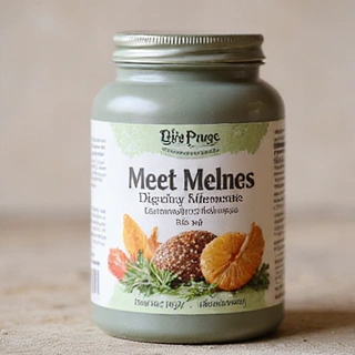 Envase de un suplemento para el bienestar digestivo masculino, con ingredientes naturales.
