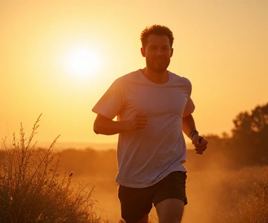 Representación visual de un hombre lleno de energía corriendo al aire libre, con el sol de fondo.